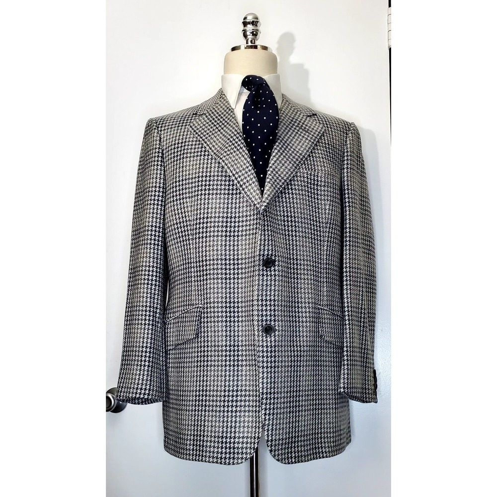 Vtg Turnbull & Asser Mens Sport Coat Gray 100% Houndstooth Jacket Blazer ~46R